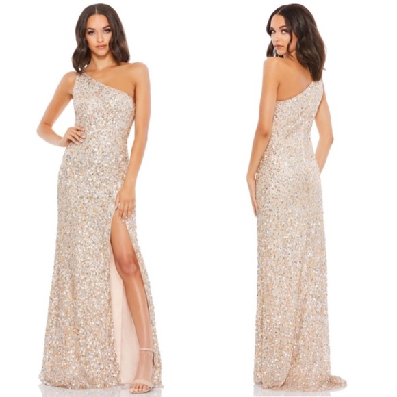 Mac Duggal Sequin One Shoulder Gown Embellishments Maxi Dress Nude Size 0 - Picture 1 of 2